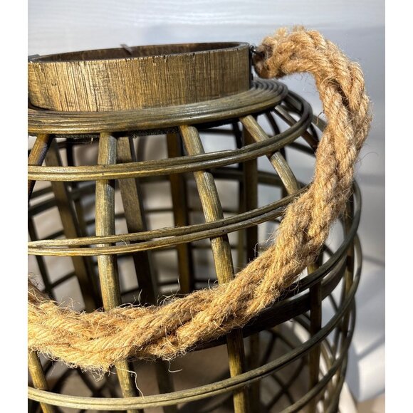 Rustic Wood Lantern Cage With Rope Handle 15.75” Tall - Picture 7 of 8
